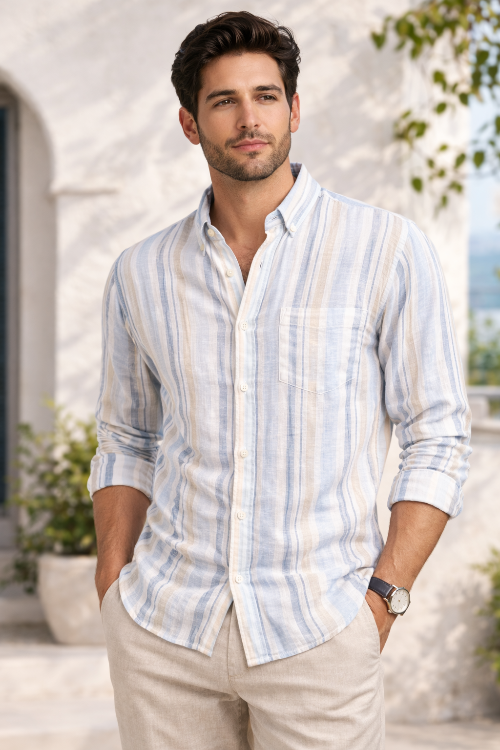 Casual summer vibes by the sea Casual Striped Linen Shirt - Image 1