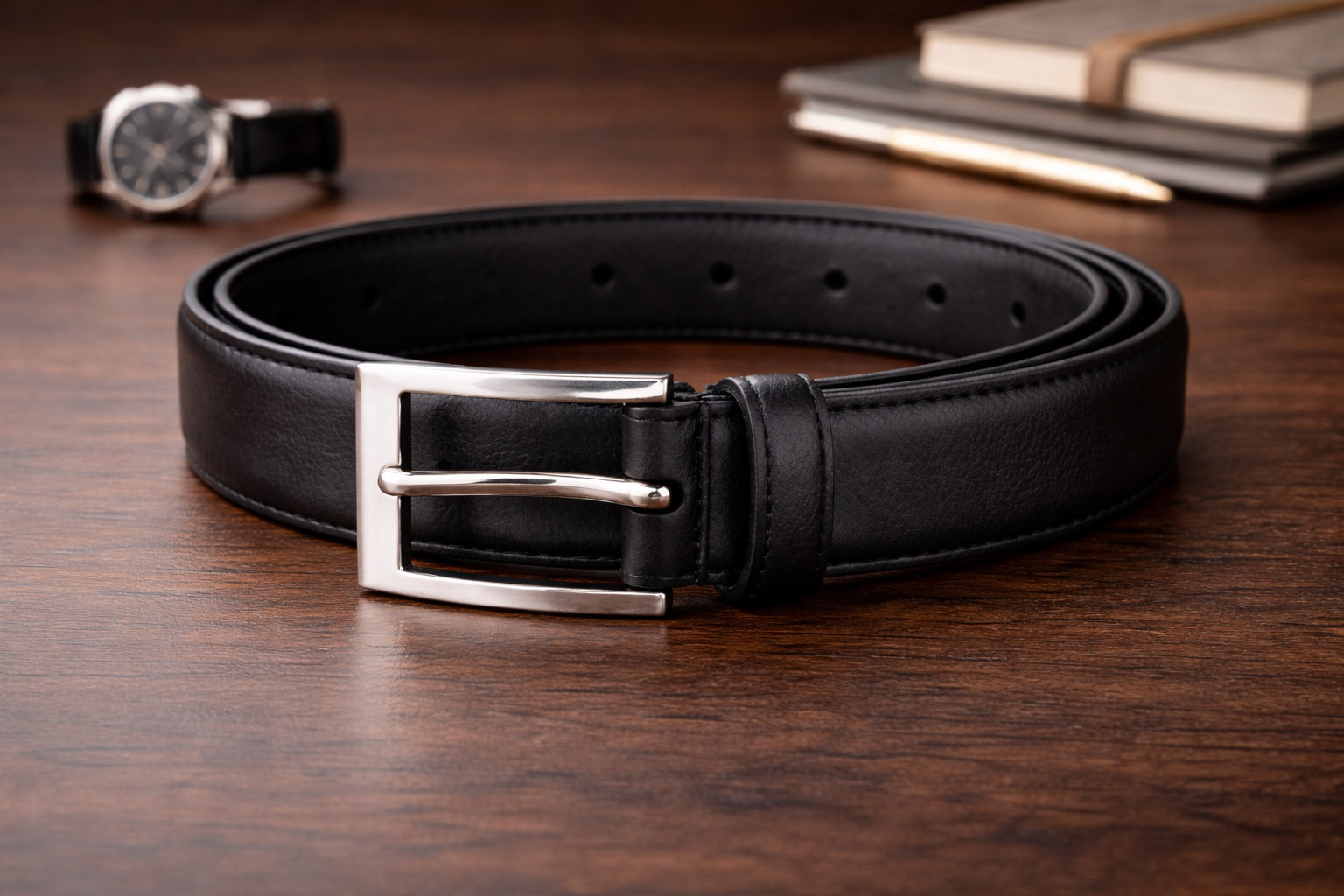 Classic leather belt on wooden surface Classic Leather Belt - Image 1