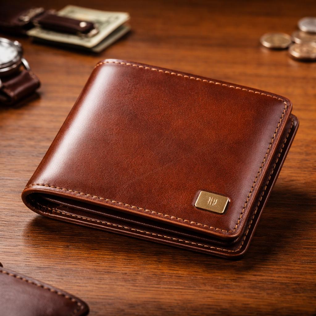 Elegant leather wallet on wood Classic Leather Wallet - Image 1