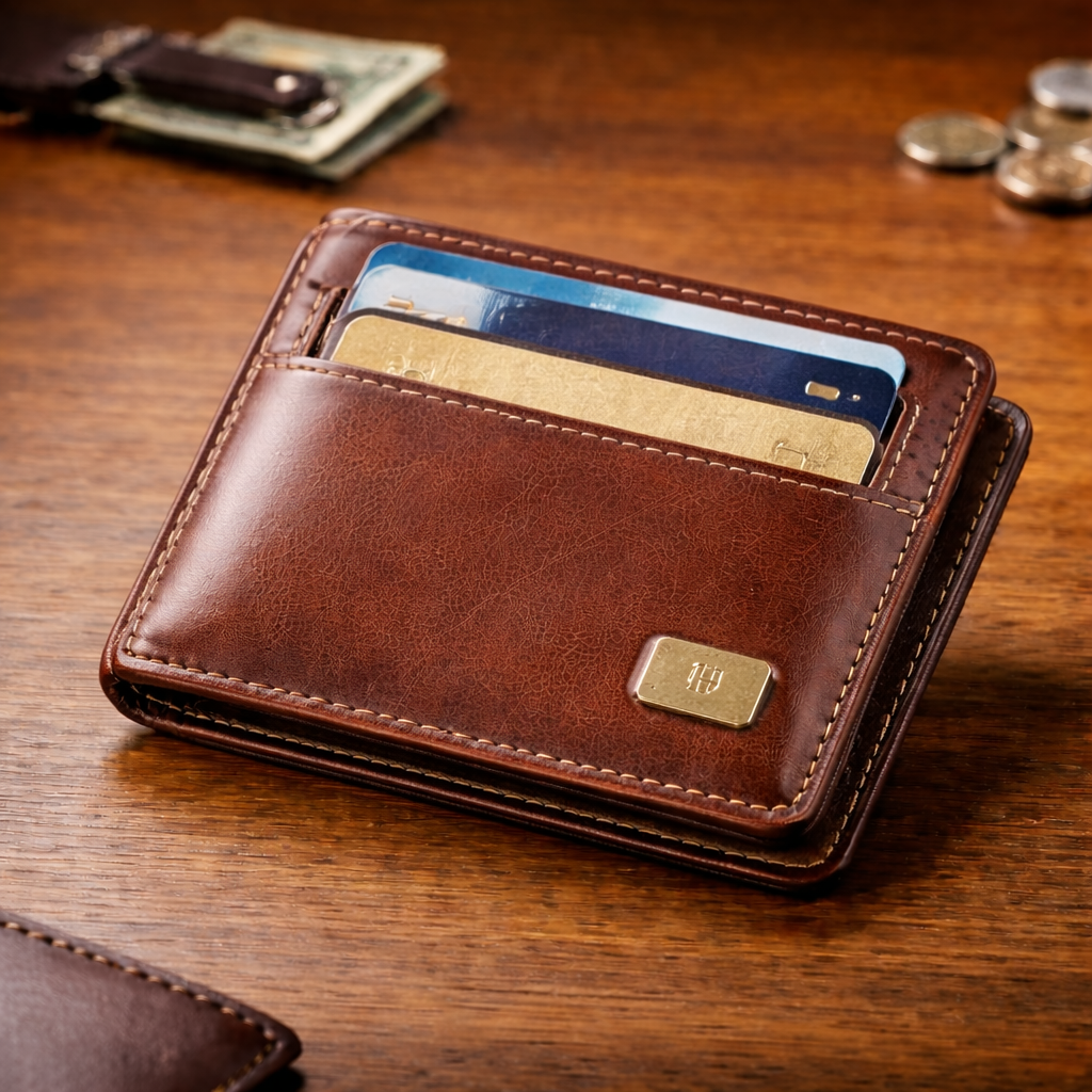 Premium leather wallet on wood surface Premium Leather Card Holder Wallet - Image 1