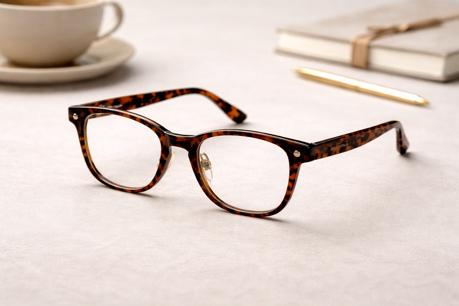 Tortoise shell glasses on textured surface Tortoise Shell Designer Spectacles - Image 1